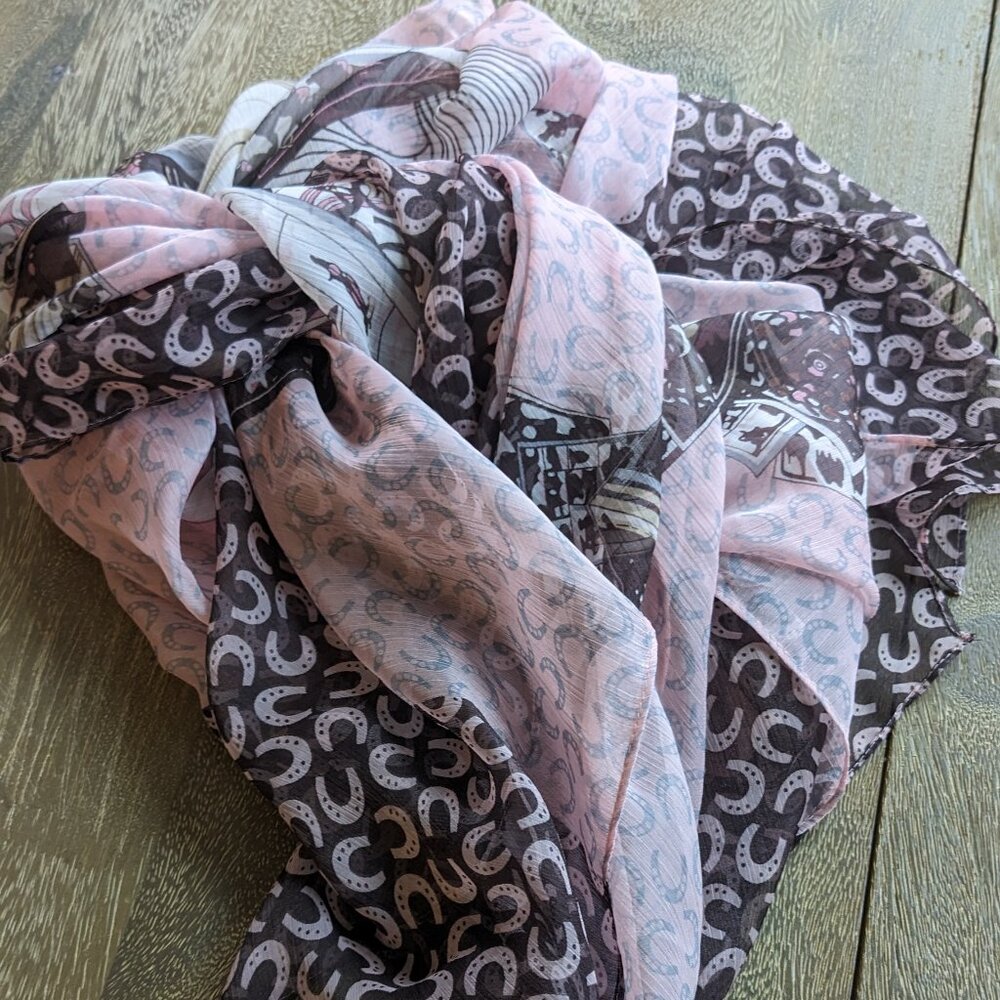 Off to the Races Large Pink and Brown Horse Shoe Horse Race Jockey Scarf 46 x 58